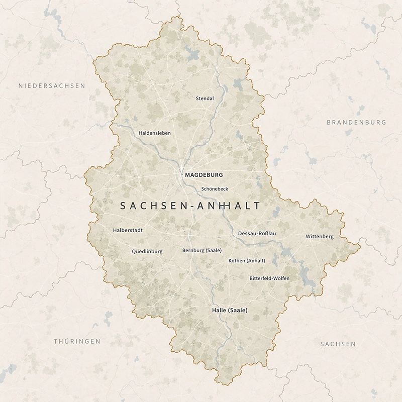 Karte des Landes Sachsen-Anhalt mit Magdeburg, Halle (Saale), Dessau-Roßlau, Wittenberg, Stendal, Halberstadt, Quedlinburg, Bernburg, Köthen und Bitterfeld-Wolfen, angrenzend Brandenburg, Sachsen, Thüringen und Niedersachsen — Liefer- und Montagegebiet von MAGUBO.