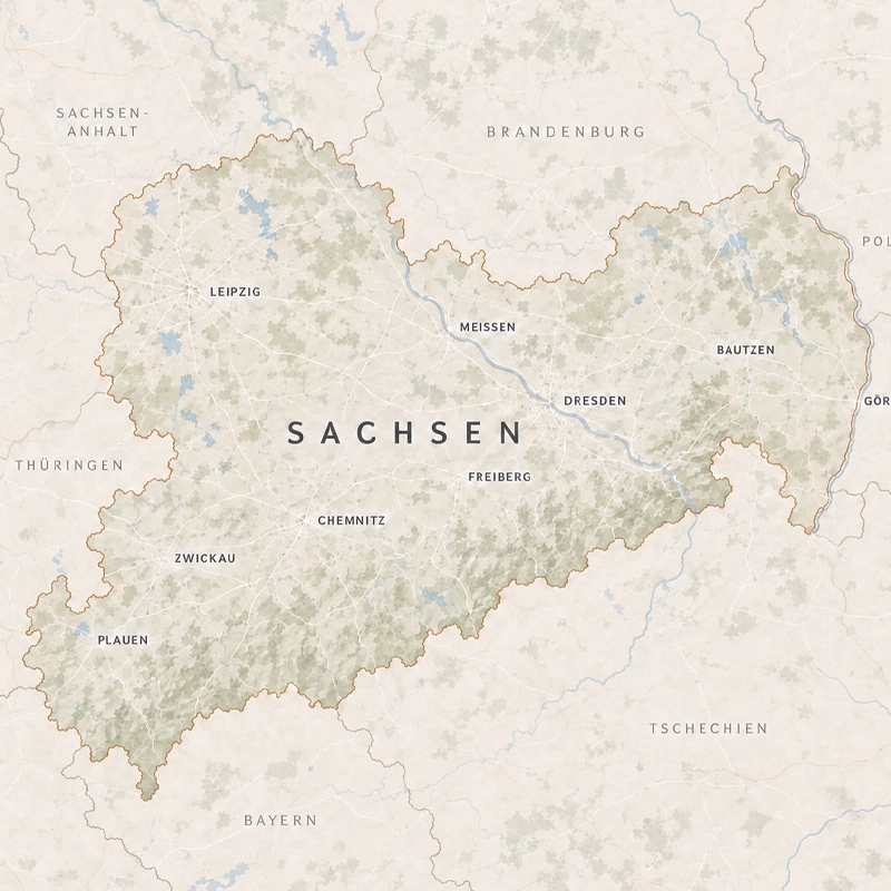 Karte des Freistaats Sachsen mit Leipzig, Meißen, Dresden, Bautzen, Görlitz, Freiberg, Chemnitz, Zwickau und Plauen, angrenzend Brandenburg, Polen und Tschechien — Liefer- und Montagegebiet von MAGUBO.