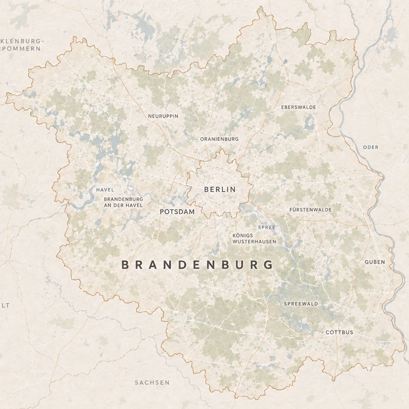 Karte des Landes Brandenburg mit Berlin, Potsdam, Brandenburg an der Havel, Oranienburg, Neuruppin, Eberswalde, Fürstenwalde, Königs Wusterhausen und Cottbus sowie Spreewald, Havel und Spree — Liefer- und Montagegebiet von MAGUBO.