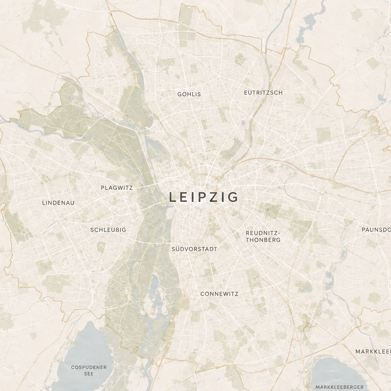 Stadtplan von Leipzig mit Zentrum, Gohlis, Eutritzsch, Plagwitz, Lindenau, Schleußig, Südvorstadt, Connewitz und Reudnitz-Thonberg sowie Markkleeberg im Süden — Liefer- und Montagegebiet von MAGUBO.