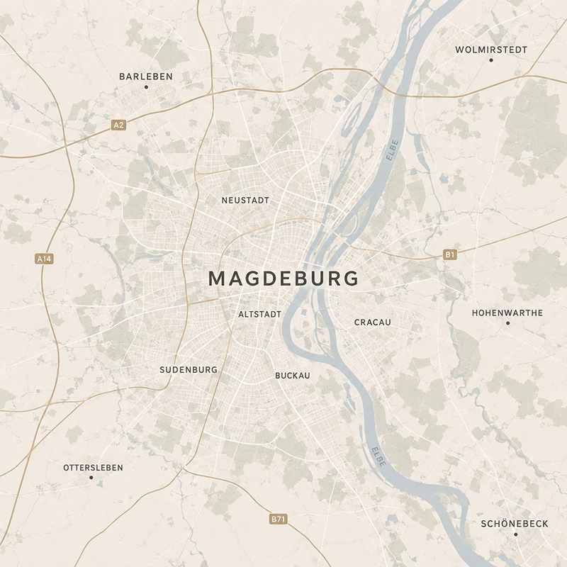 Stadtplan von Magdeburg an der Elbe mit Altstadt, Neustadt, Stadtfeld, Sudenburg, Buckau und Cracau sowie Barleben, Wolmirstedt, Schönebeck und Ottersleben im Umland — Liefer- und Montagegebiet von MAGUBO.